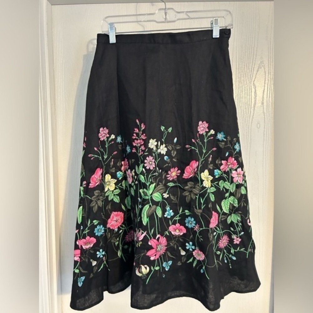 SilkLand black A-line linen skirt featuring multicolor floral embroidery size 4